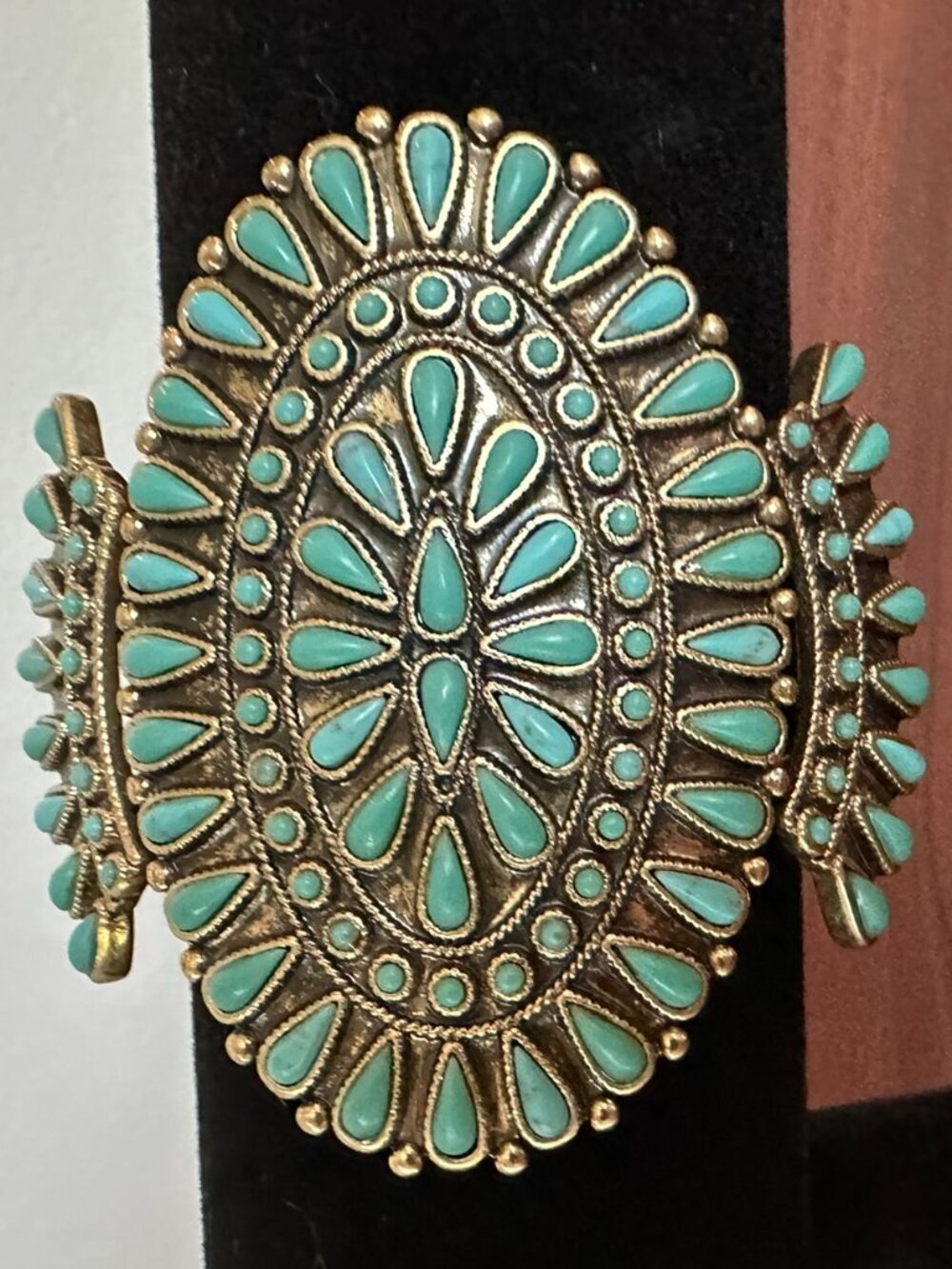 Lucky Brand Turquoise Statement Cuff Bracelet Southwestern Boho Gold Tone